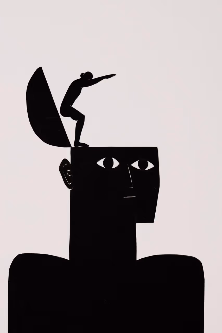 Scherenschnitt-Illustration: Der Kopf eines Menschen öffnet sich wie ein Deckel, darauf steht eine Figur und richtet den Blick in die Weite.